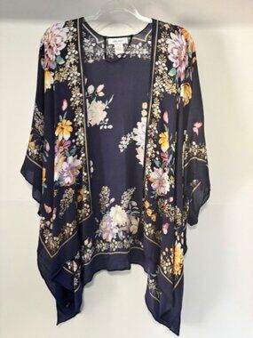 Nine West Womens Navy Floral Butterfly Ruana Kimono Topper One Size Boho Resort